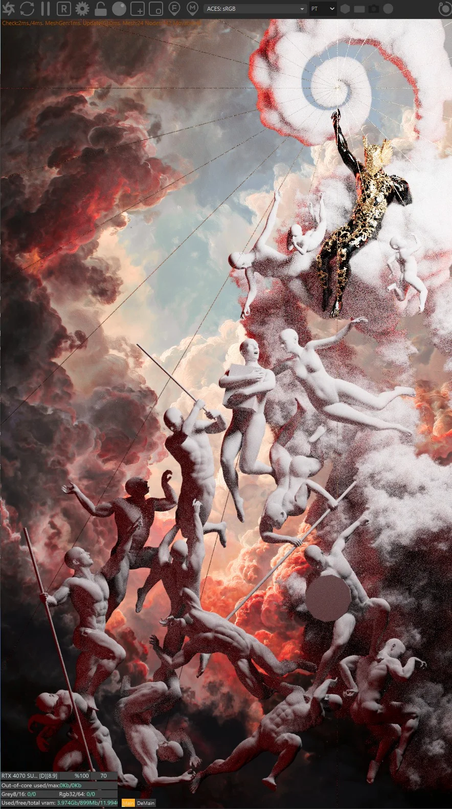 The sky and clouds set behind the figures, the sun rays in place