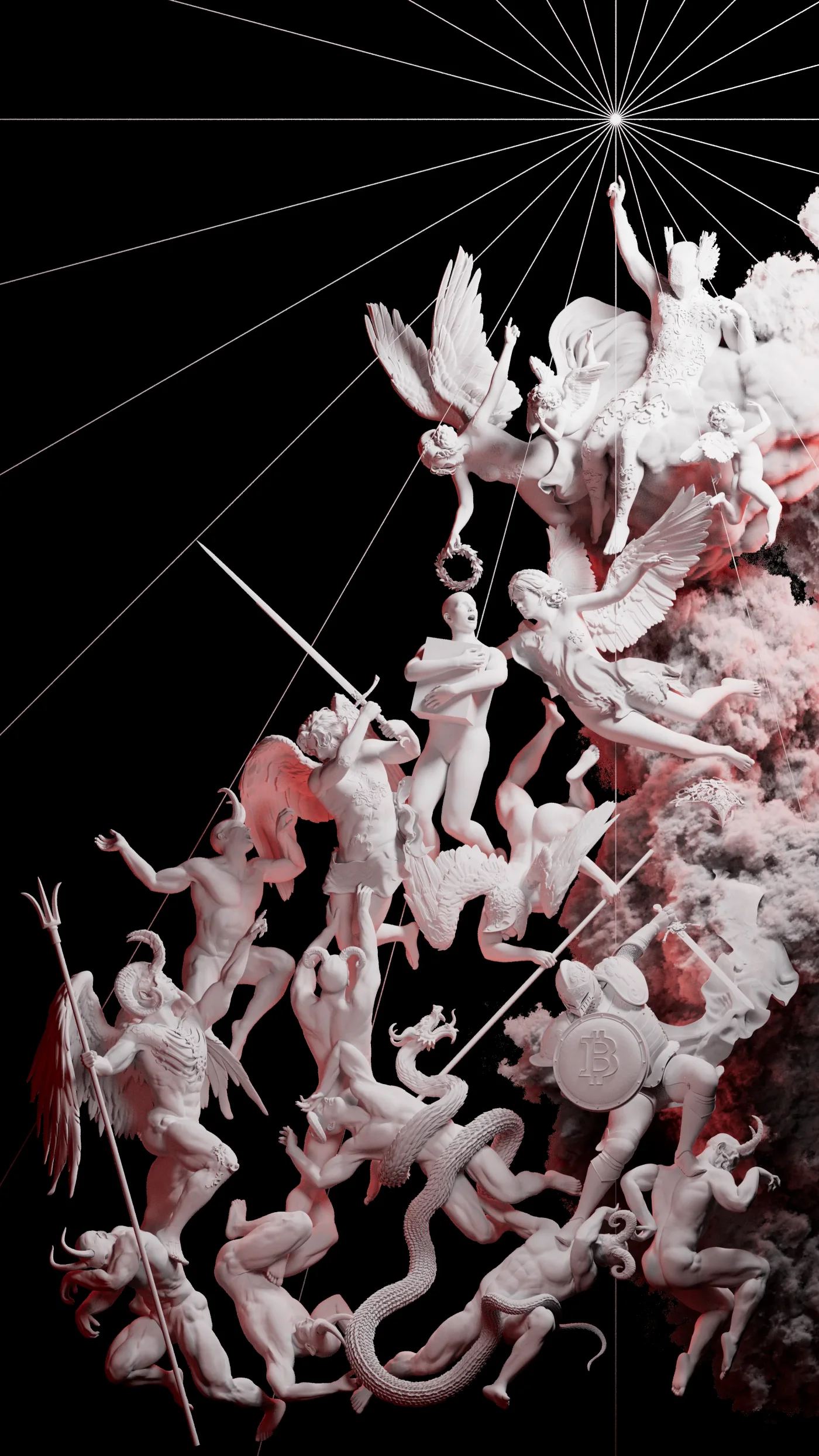 The clay render: white figures on black, the sun rays and red-lit smoke