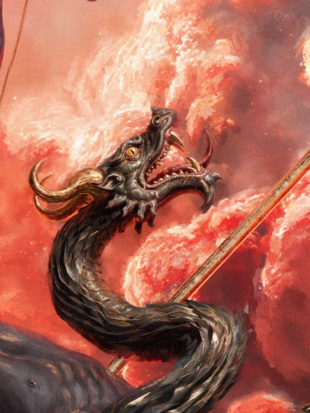 Detail: the serpent’s head against red smoke