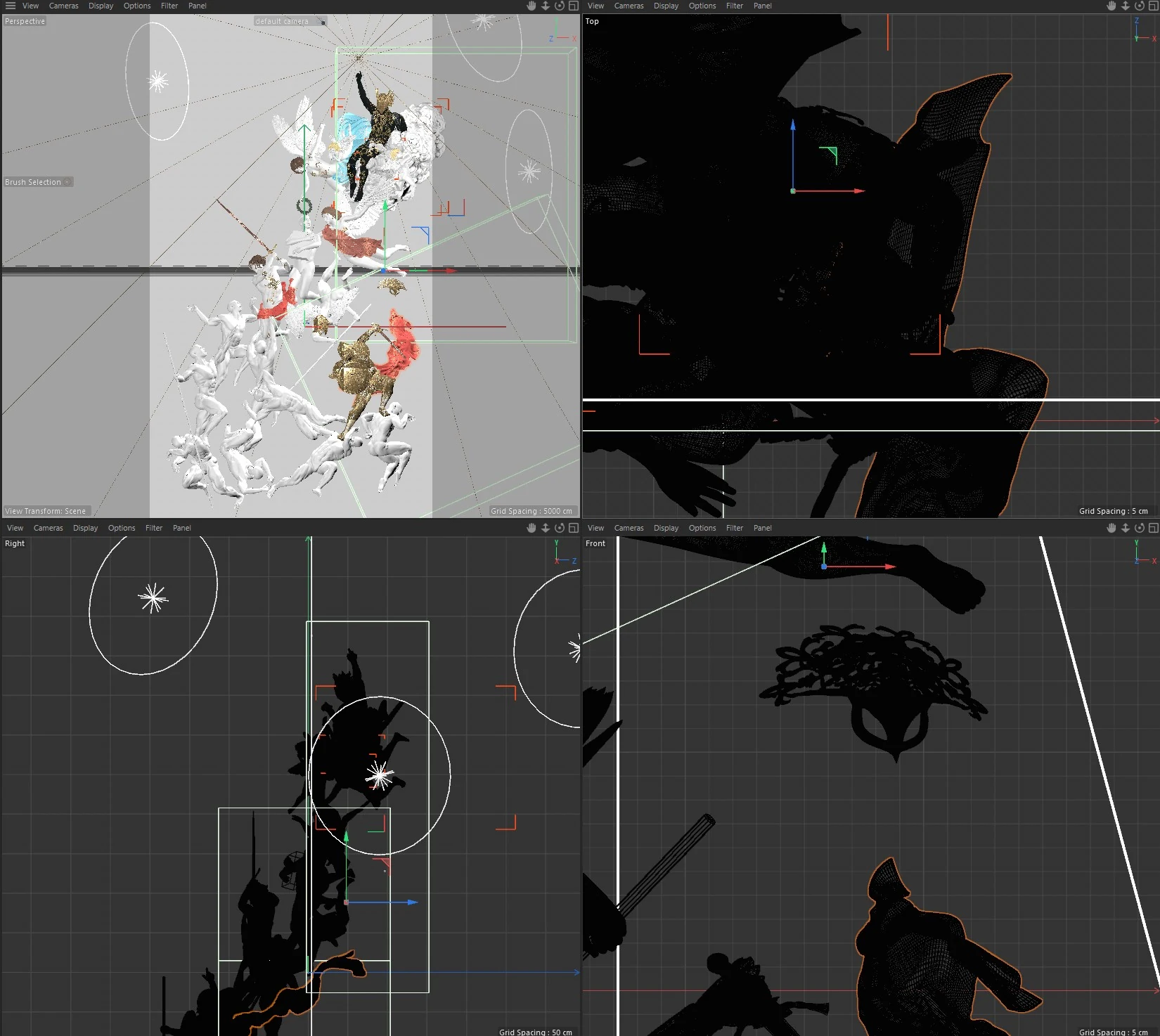 The assembled scene in four viewports of Cinema 4D