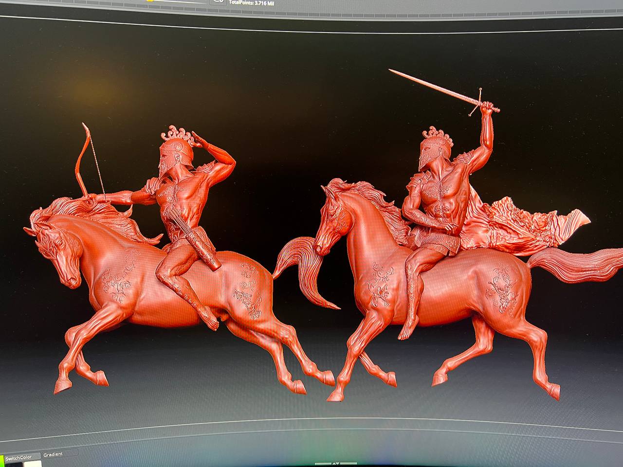 Work in progress by Muhju: screen photo of 3D riders on galloping horses, drawing a bow and raising a sword.