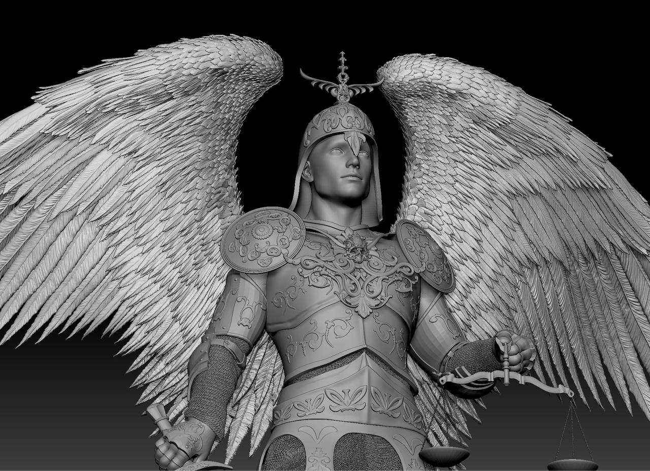 Work in progress by Muhju: grey 3D angel in ornate armour and helmet, with wings, sword hilt and scales.