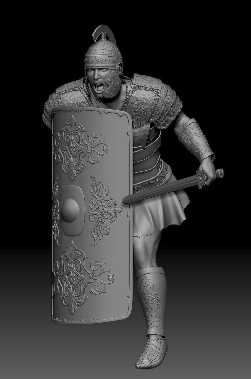 Work in progress by Muhju: grey 3D Roman soldier shouting behind a large ornate shield, with a short sword.
