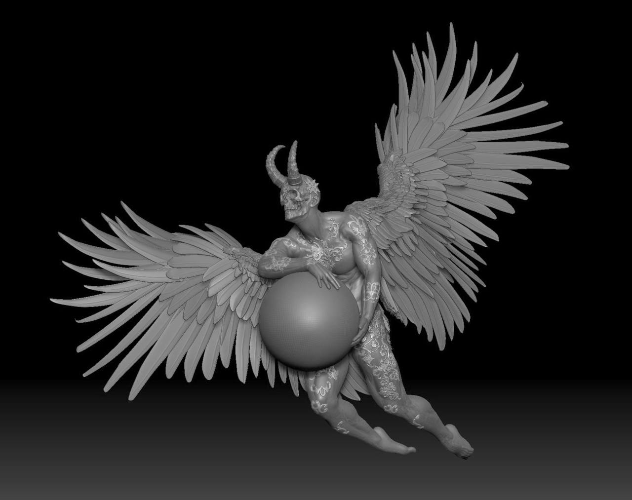 Work in progress by Muhju: grey 3D horned, winged skull-faced figure flying with a large sphere.
