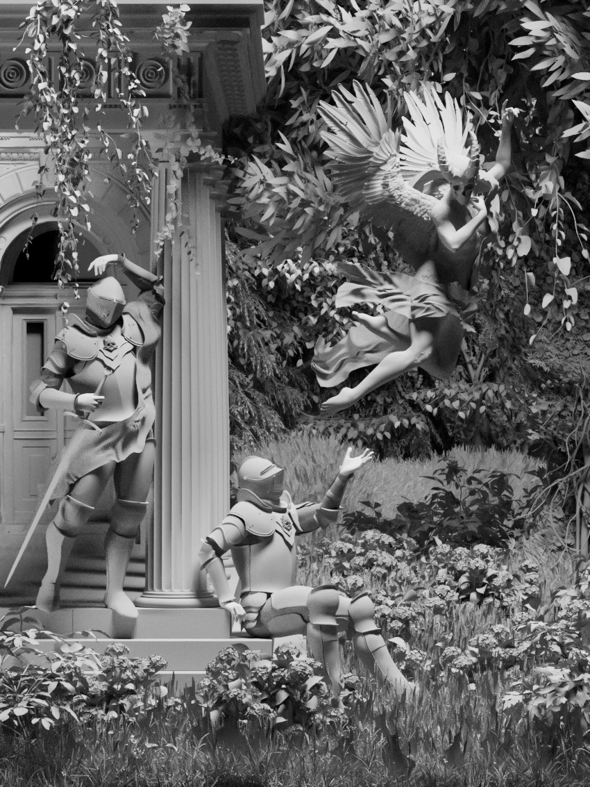 Work in progress by Muhju: grey 3D knights, one fallen, by a garden column; winged figure dives from trees.